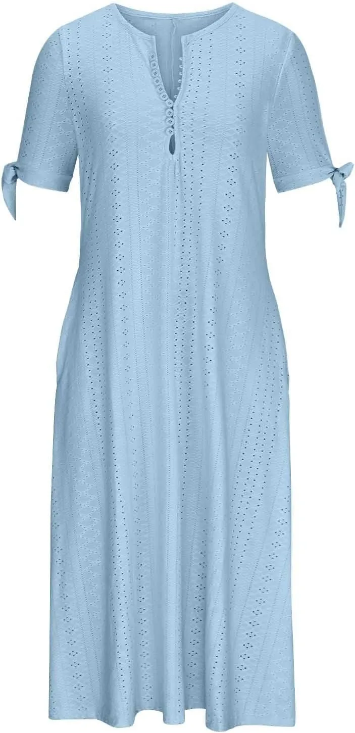 Midi Dresses for Women Casual Short Sleeve Summer Wedding Guest Eyelet Long Dress Beach Vacation Sundress for Women 2025