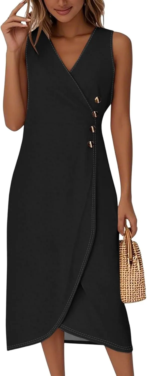 Midi Dresses for Women Formal V Neck Wrap Sleeveless Wedding Guest Dresses Summer Elegant Party Asymmetric Dress