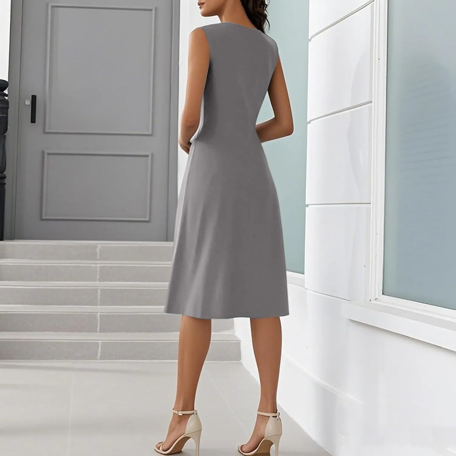 Midi Dresses for Women Formal V Neck Wrap Sleeveless Wedding Guest Dresses Summer Elegant Party Asymmetric Dress