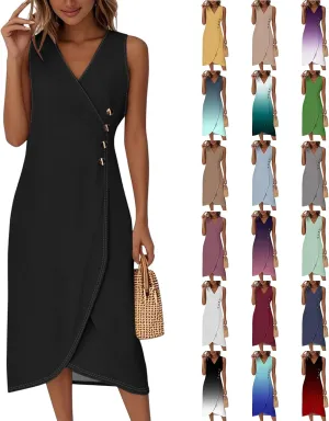 Midi Dresses for Women Formal V Neck Wrap Sleeveless Wedding Guest Dresses Summer Elegant Party Asymmetric Dress