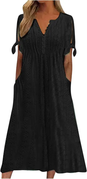Midi Dresses for Women Wedding Guest Sexy V Neck Cold Shoulder Trendy Plus Size Button Up Short Sleeve Summer Dress