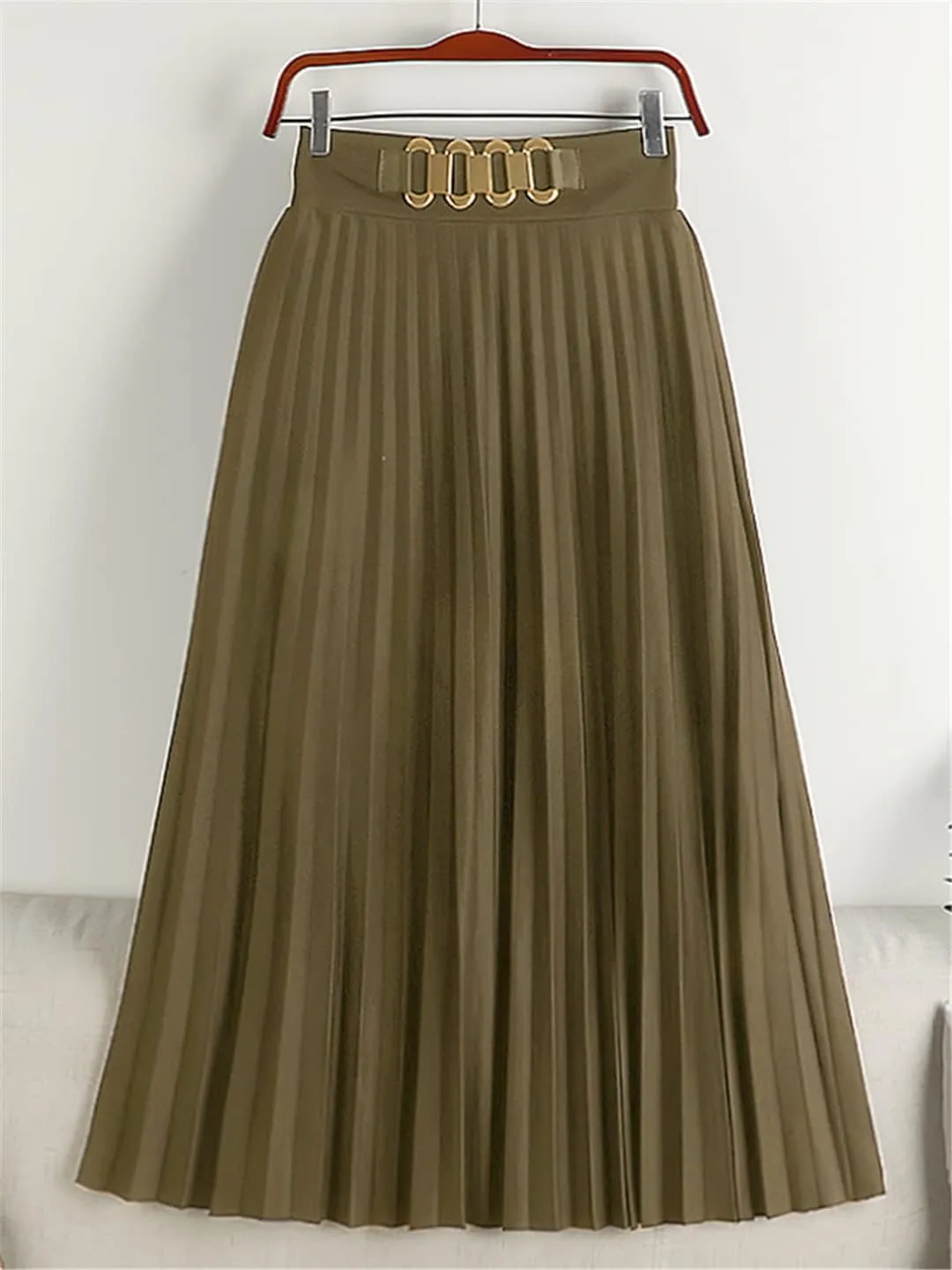 Midi Long Pleated Skirt Women Spring Summer Simple Solid A Line Chain High Waist Skirt