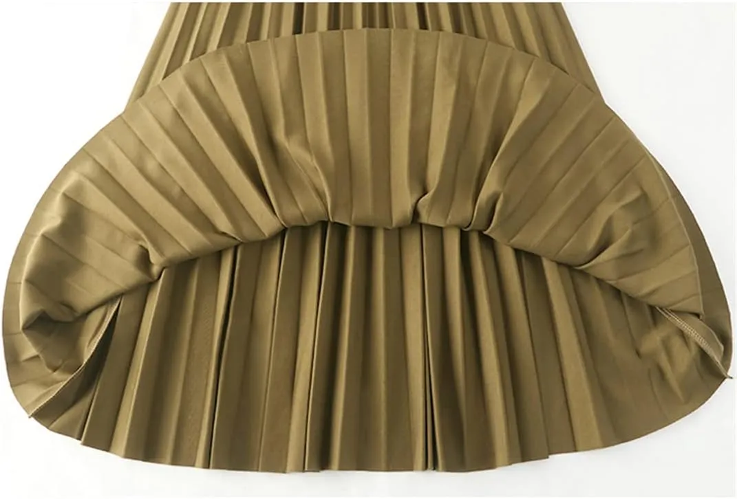 Midi Long Pleated Skirt Women Spring Summer Simple Solid A Line Chain High Waist Skirt