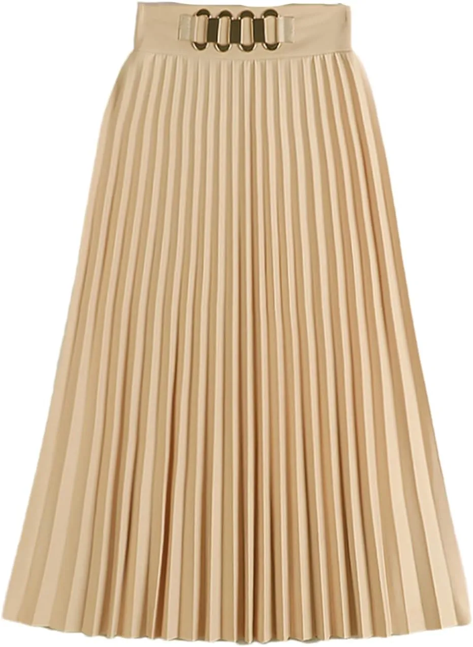 Midi Long Pleated Skirt Women Spring Summer Simple Solid A Line Chain High Waist Skirt