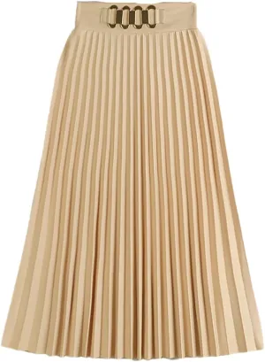 Midi Long Pleated Skirt Women Spring Summer Simple Solid A Line Chain High Waist Skirt