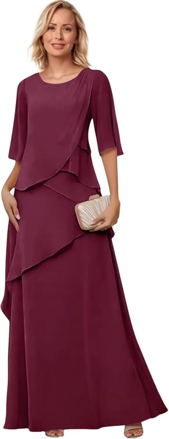 Mother of The Bride Dresses for Wedding Layered Chiffon Long Evening Dress Formal Gown with Sleeves