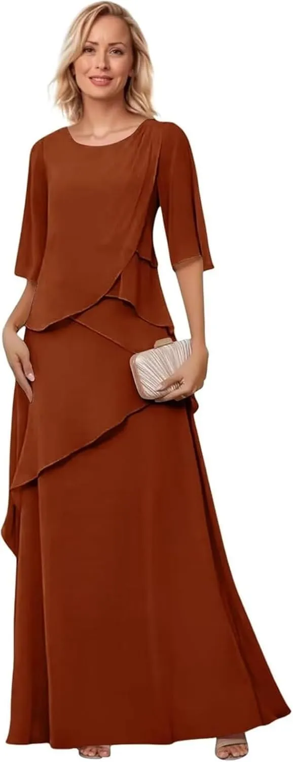 Mother of The Bride Dresses for Wedding Layered Chiffon Long Evening Dress Formal Gown with Sleeves