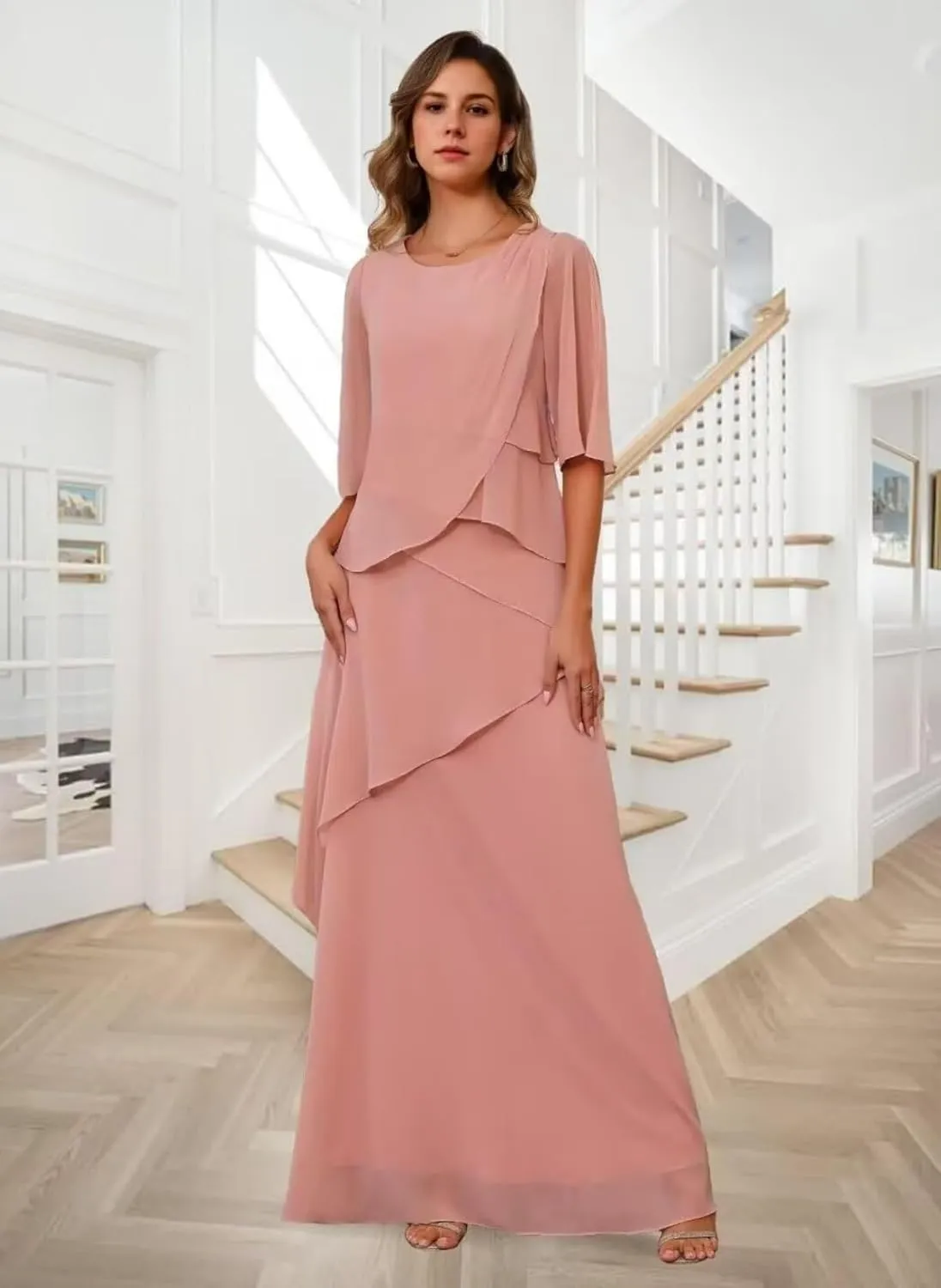 Mother of The Bride Dresses for Wedding Layered Chiffon Long Evening Dress Formal Gown with Sleeves