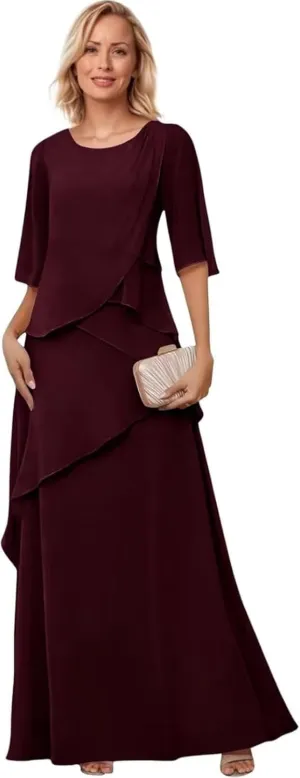 Mother of The Bride Dresses for Wedding Layered Chiffon Long Evening Dress Formal Gown with Sleeves