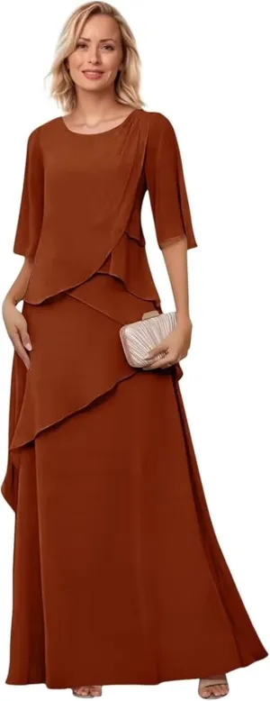 Mother of The Bride Dresses for Wedding Layered Chiffon Long Evening Dress Formal Gown with Sleeves