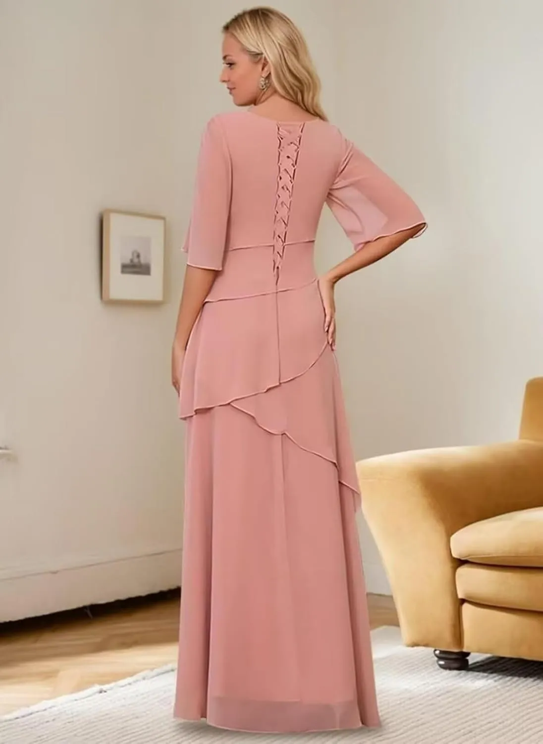 Mother of The Bride Dresses for Wedding Layered Chiffon Long Evening Dress Formal Gown with Sleeves