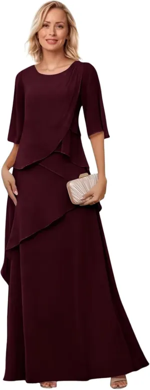 Mother of The Bride Dresses for Wedding Layered Chiffon Long Evening Dress Formal Gown with Sleeves