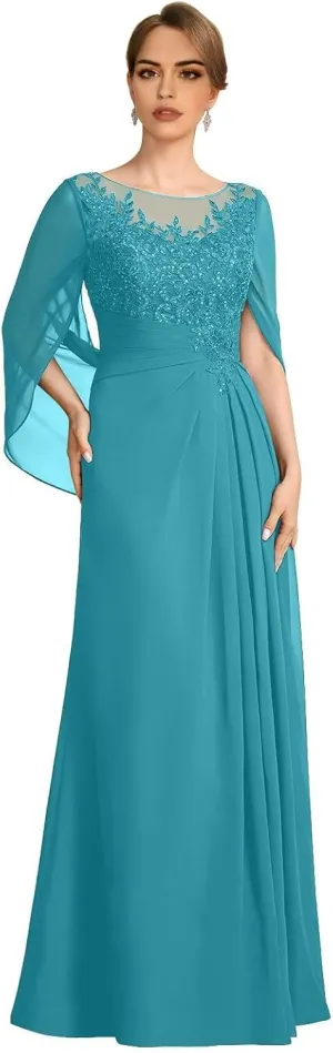 Mother of The Bride Dresses for Wedding with Cape Long Lace Formal Dresses Chiffon Evening Gowns