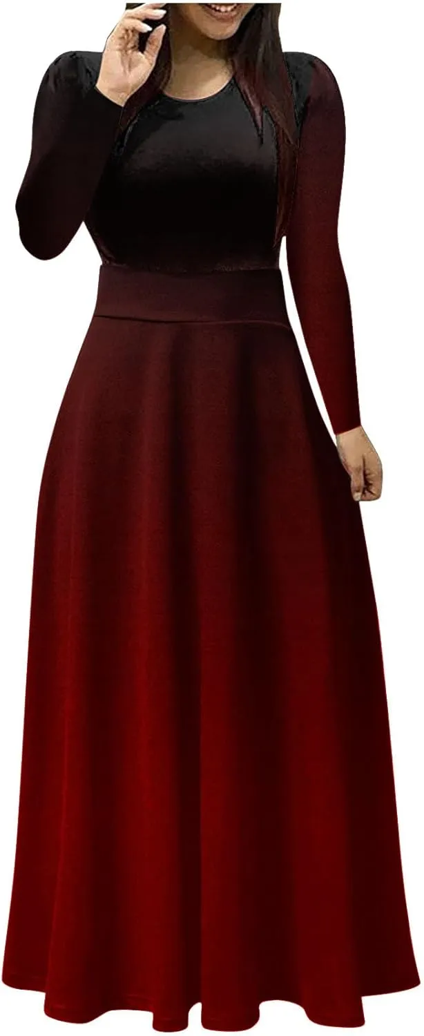 MRGIINRI Womens Long Sleeve Maxi Dress 2024 Fall Casual Crewneck Tunic Dresses Elegant High Waist Elastic Cocktail Party Gown