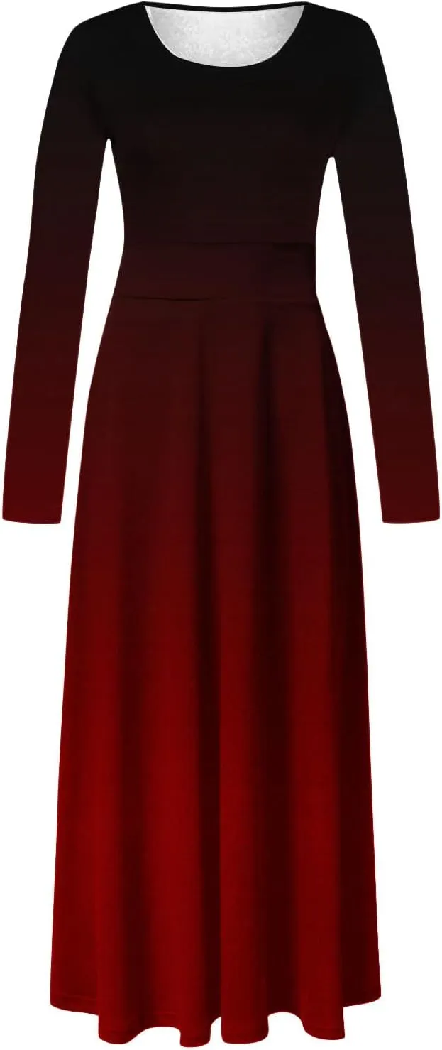 MRGIINRI Womens Long Sleeve Maxi Dress 2024 Fall Casual Crewneck Tunic Dresses Elegant High Waist Elastic Cocktail Party Gown