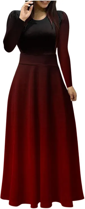 MRGIINRI Womens Long Sleeve Maxi Dress 2024 Fall Casual Crewneck Tunic Dresses Elegant High Waist Elastic Cocktail Party Gown