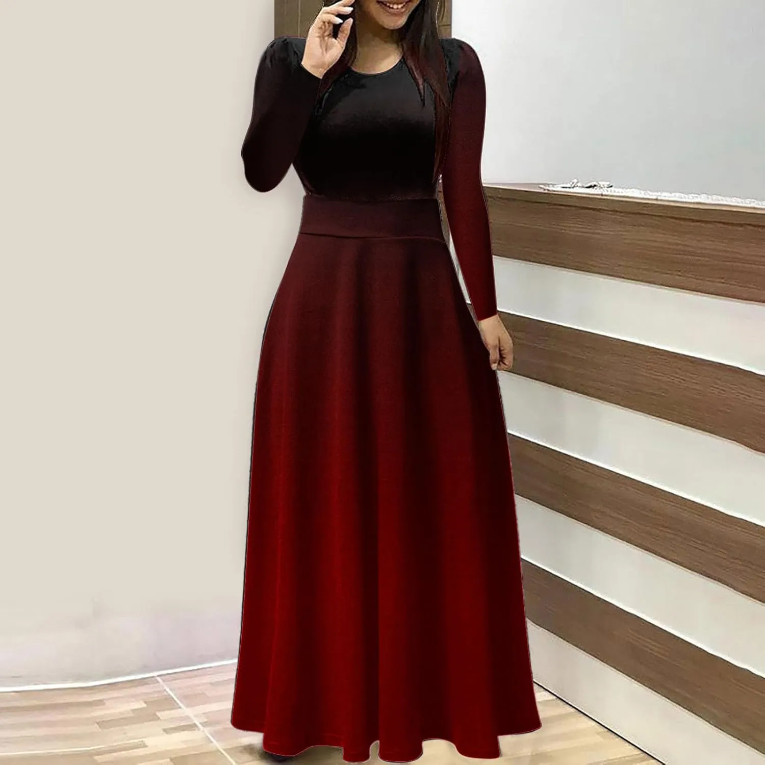 MRGIINRI Womens Long Sleeve Maxi Dress 2024 Fall Casual Crewneck Tunic Dresses Elegant High Waist Elastic Cocktail Party Gown