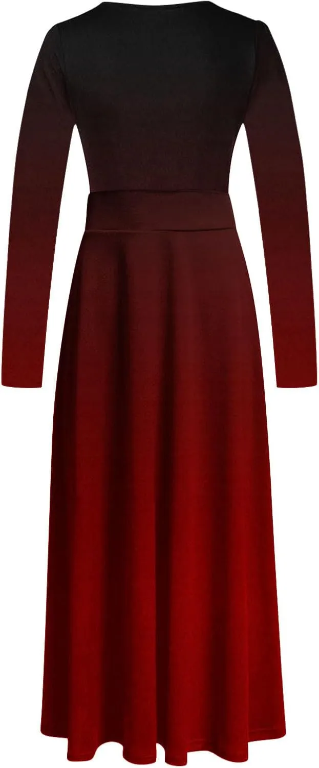MRGIINRI Womens Long Sleeve Maxi Dress 2024 Fall Casual Crewneck Tunic Dresses Elegant High Waist Elastic Cocktail Party Gown