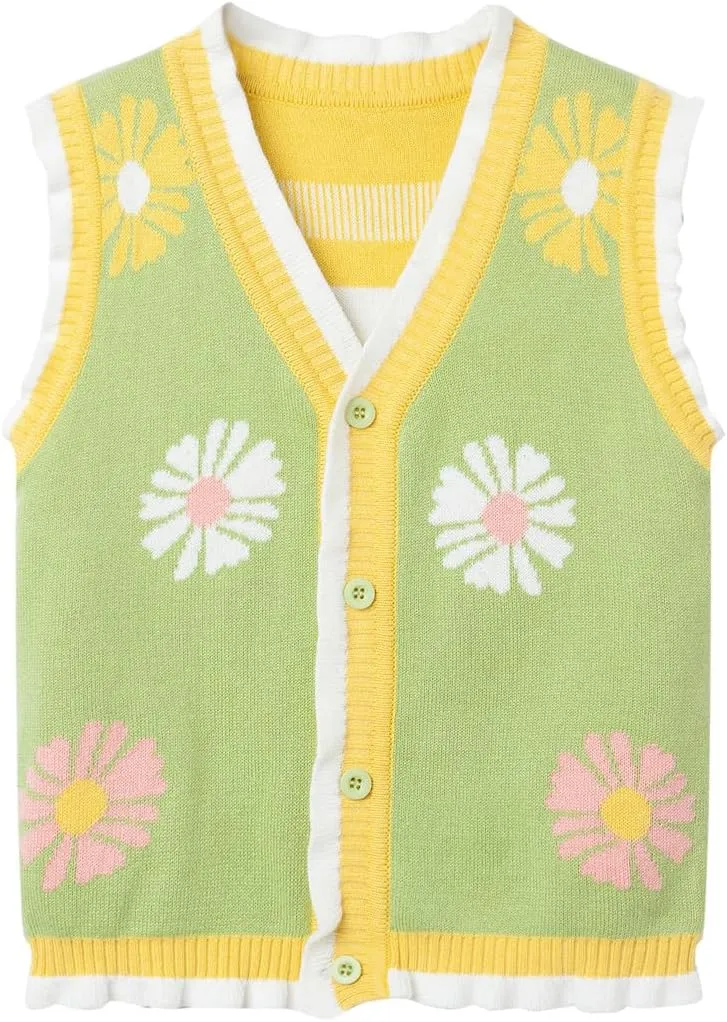 Mud Kingdom Toddler Little Girls Sweater Vest Knitted Sleeveless Button Down V-Neck Spring Autumn