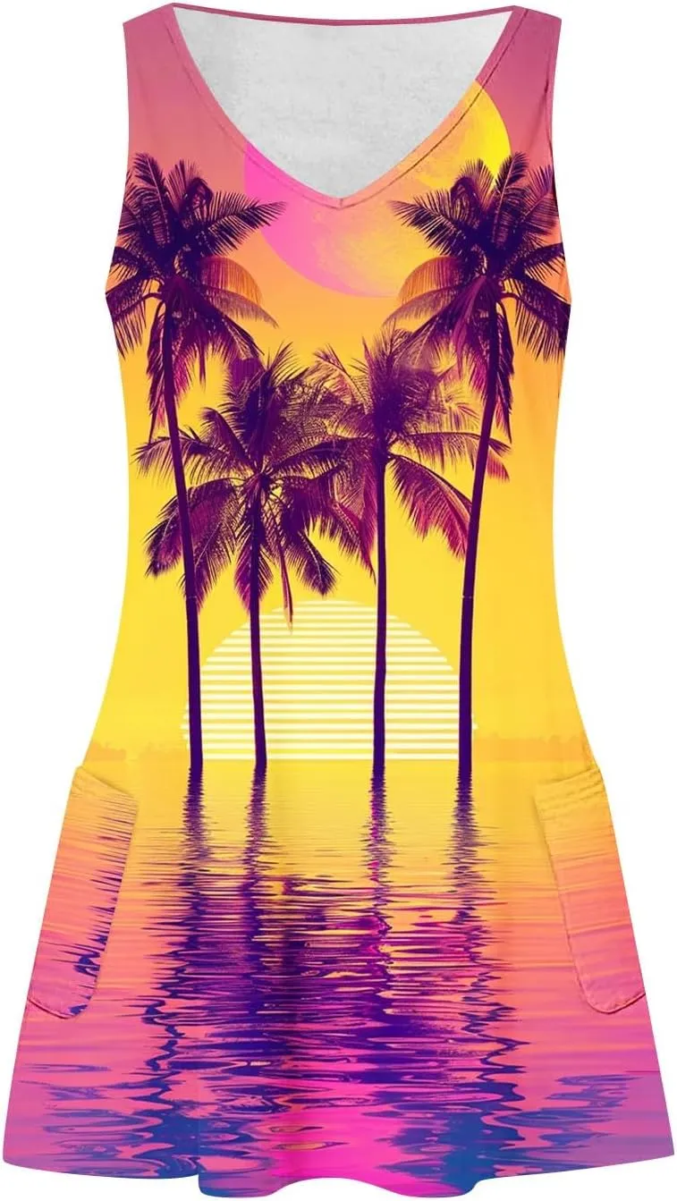 Mzkdieey Summer Dresses for Women Sunset Beach Palm Tree Print Tropical Hawaiian Dresses Casual Pockets Boho Tank Sundress