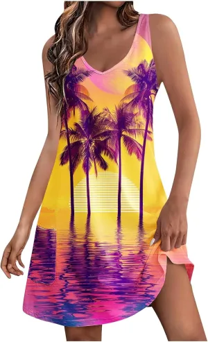 Mzkdieey Summer Dresses for Women Sunset Beach Palm Tree Print Tropical Hawaiian Dresses Casual Pockets Boho Tank Sundress