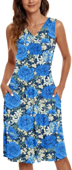 NILOUFO Womens Summer Casual Dresses Sleeveless V Neck Midi Dress with Pockets