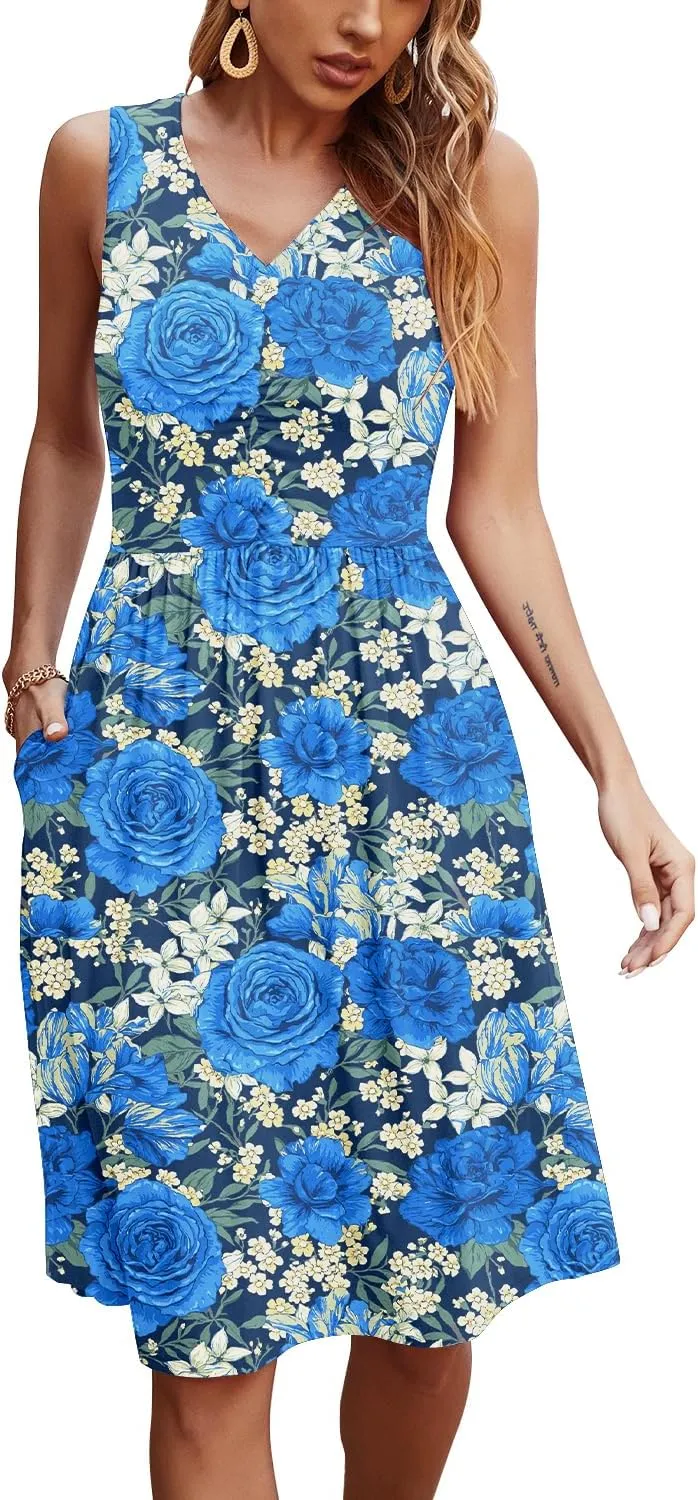 NILOUFO Womens Summer Casual Dresses Sleeveless V Neck Midi Dress with Pockets