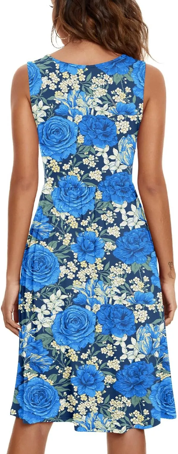 NILOUFO Womens Summer Casual Dresses Sleeveless V Neck Midi Dress with Pockets