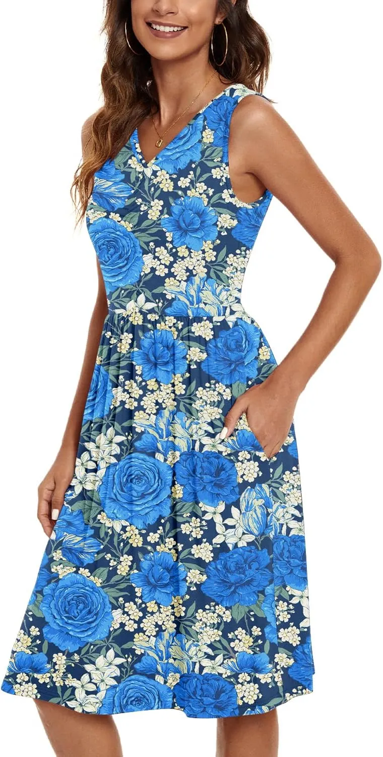 NILOUFO Womens Summer Casual Dresses Sleeveless V Neck Midi Dress with Pockets