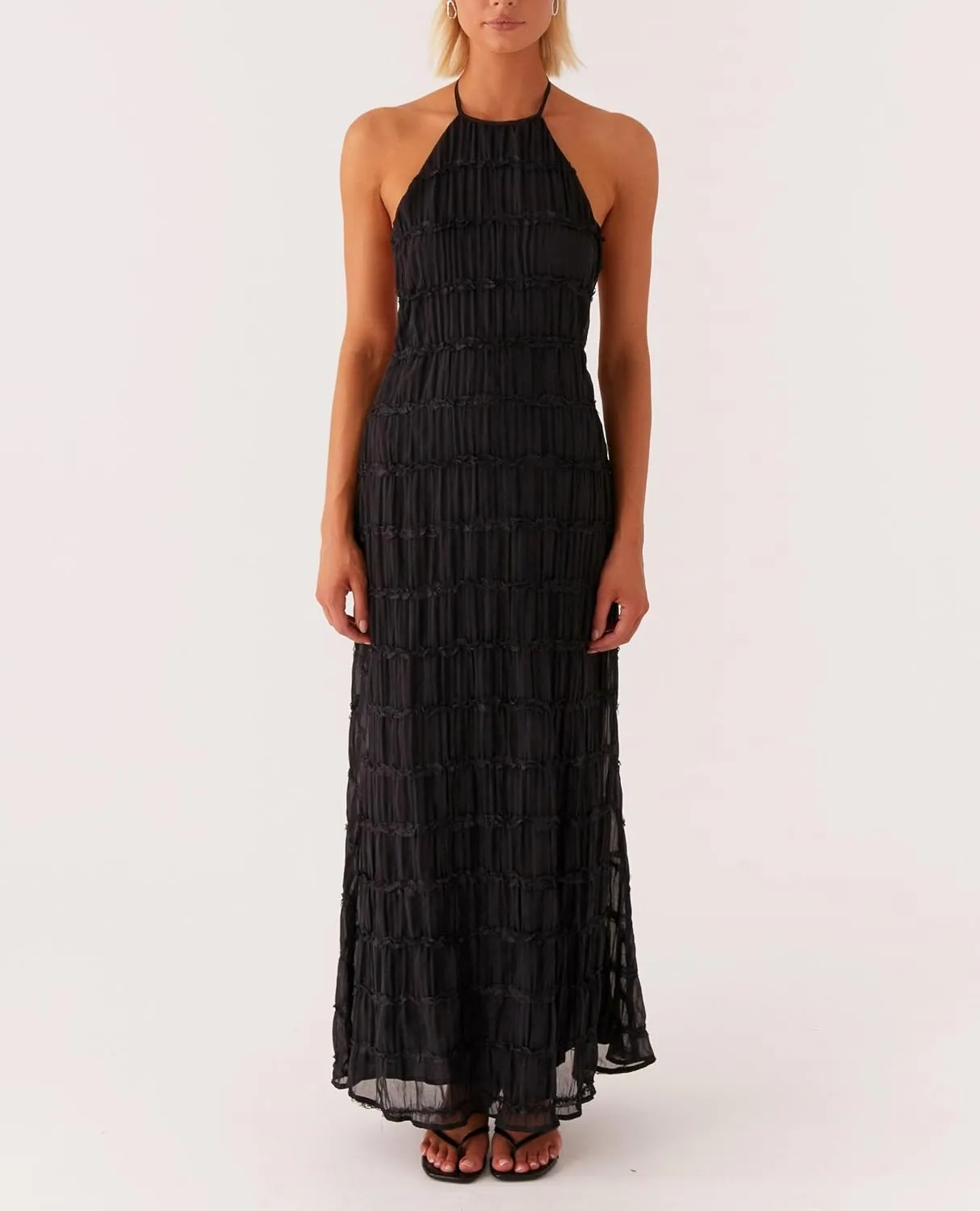 NUFIWI Women Sexy Smocked Maxi Dress Halter Neck Backless Bodycon Long Dress Summer Flowy Beach Vacation Sundress