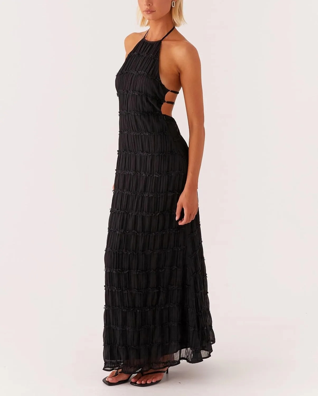 NUFIWI Women Sexy Smocked Maxi Dress Halter Neck Backless Bodycon Long Dress Summer Flowy Beach Vacation Sundress