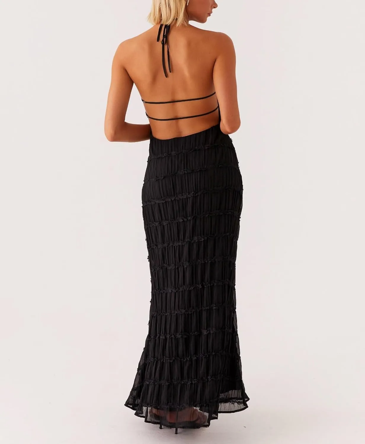 NUFIWI Women Sexy Smocked Maxi Dress Halter Neck Backless Bodycon Long Dress Summer Flowy Beach Vacation Sundress