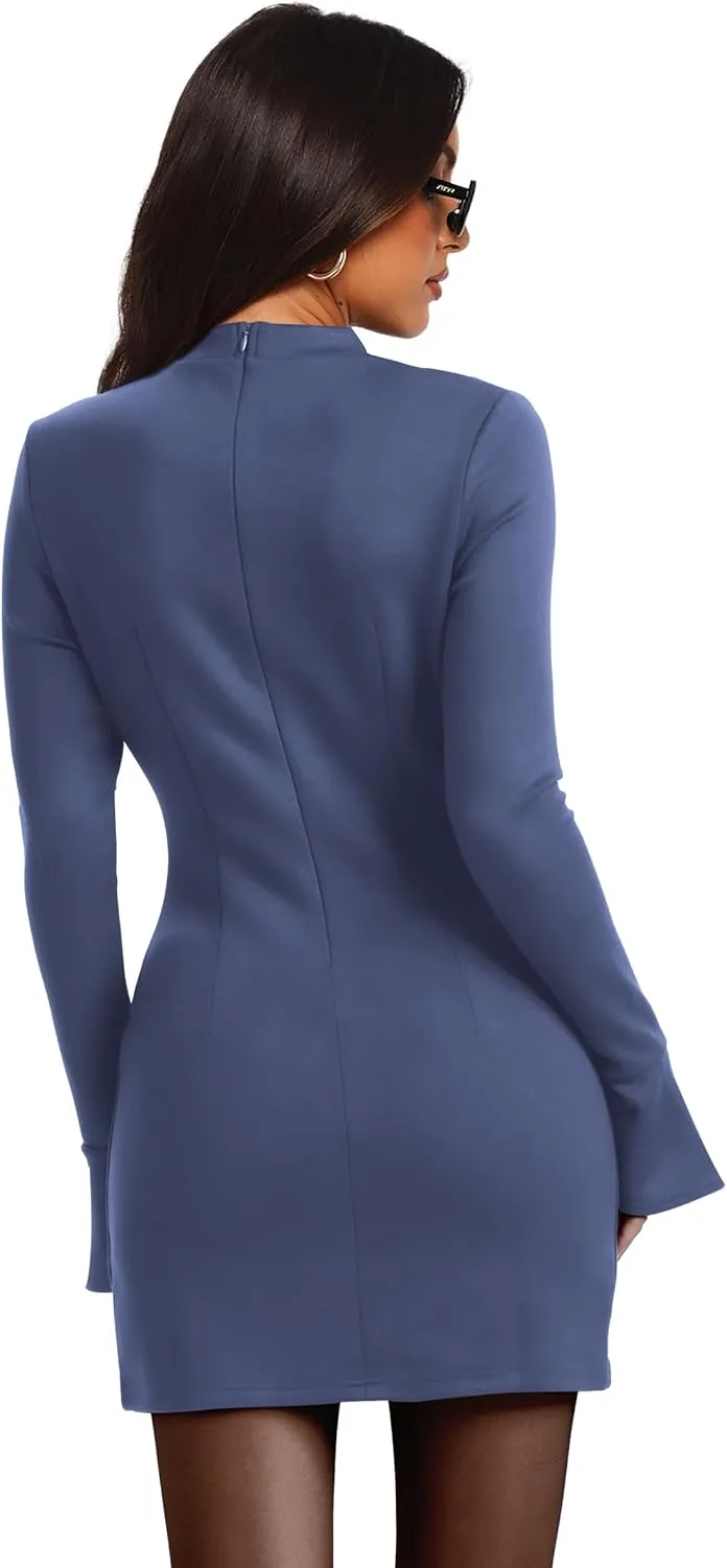 OFEEFAN Women's Fall Long Sleeve Mock Neck Dress Basic Party Club Bodycon Mini Dresses