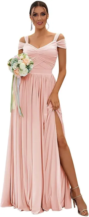 Off The Shoulder Bridesmaid Dresses for Women Chiffon Formal Wedding Guest Dress Long Evening Party Gown with Slit