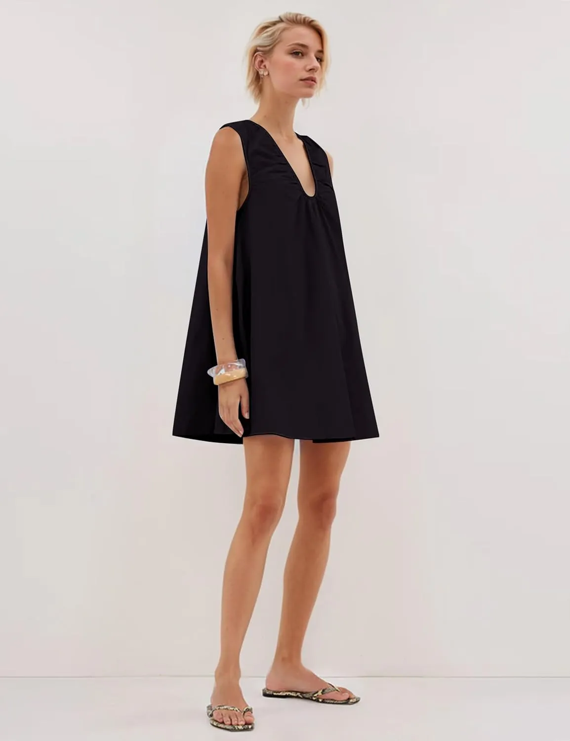 OLAPTA Women Summer Sleeveless Babydoll Mini Tank Dresses Loose Fit Scoop Neck Ruched Short Dress with Pockets Party Clubwear