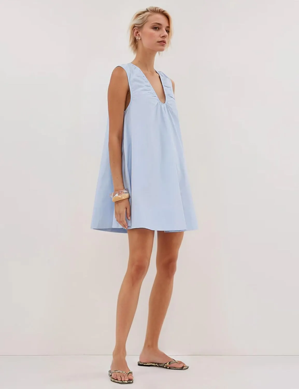 OLAPTA Women Summer Sleeveless Babydoll Mini Tank Dresses Loose Fit Scoop Neck Ruched Short Dress with Pockets Party Clubwear