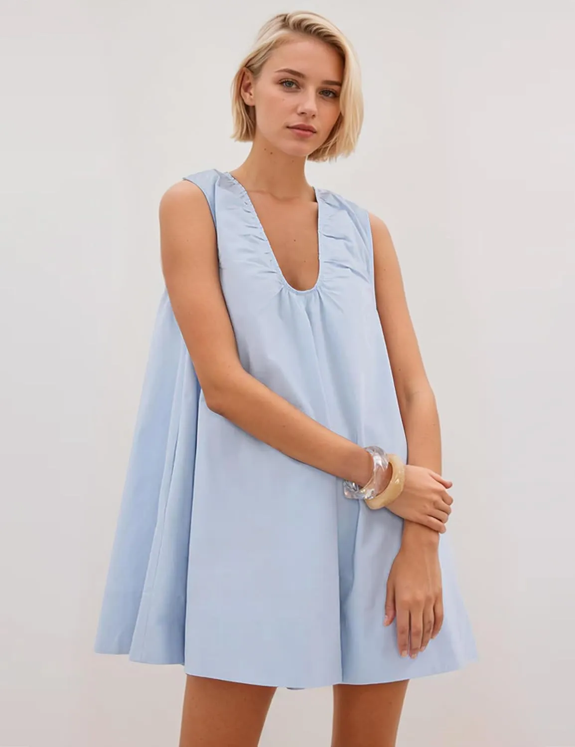OLAPTA Women Summer Sleeveless Babydoll Mini Tank Dresses Loose Fit Scoop Neck Ruched Short Dress with Pockets Party Clubwear