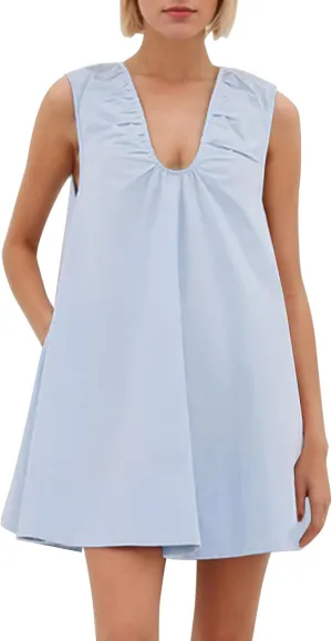 OLAPTA Women Summer Sleeveless Babydoll Mini Tank Dresses Loose Fit Scoop Neck Ruched Short Dress with Pockets Party Clubwear