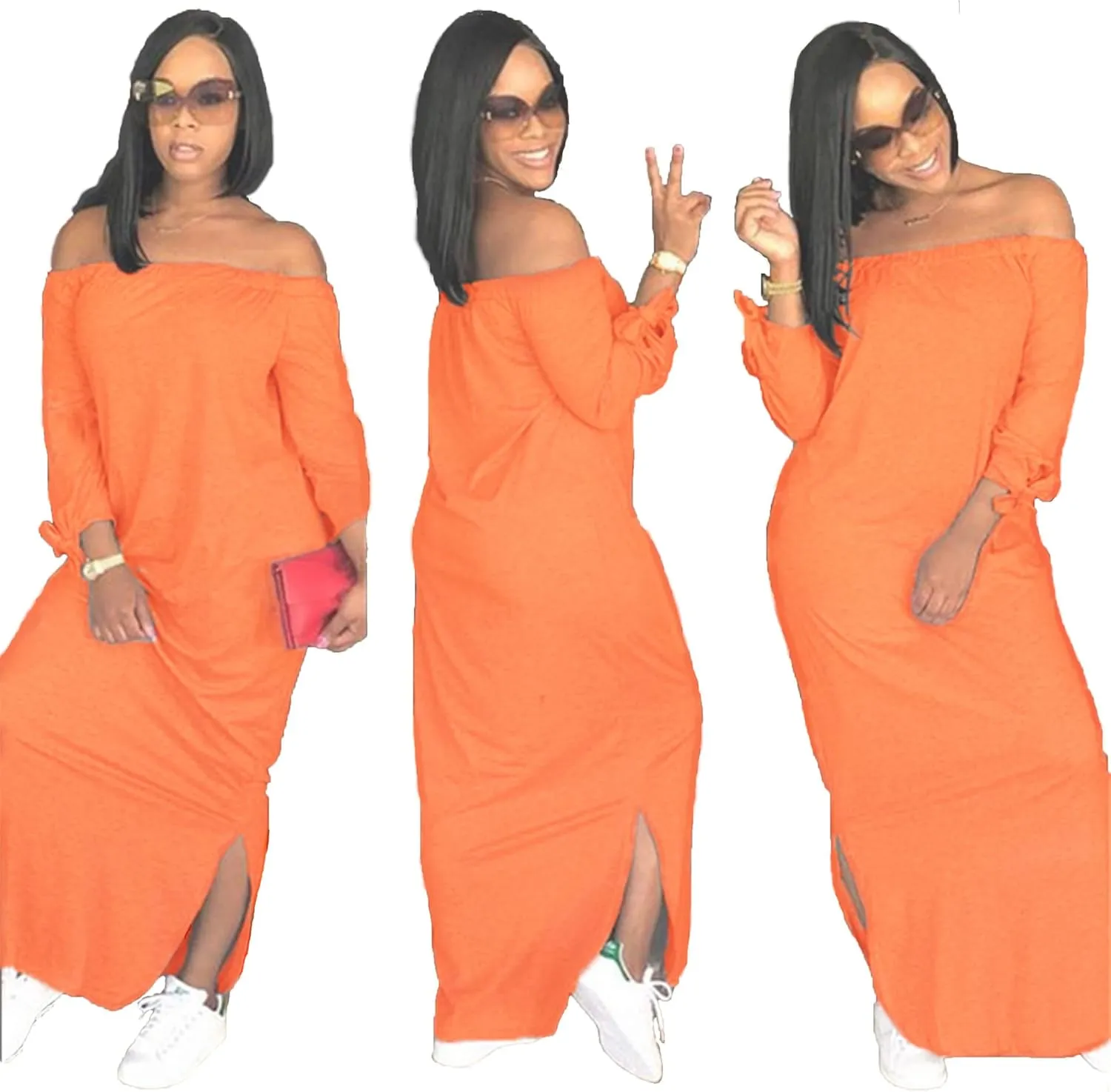 OLUOLIN Women's Casual Letter Print Off Shoulder Long Sleeve Bowknot Sides Slit Loose Long T-Shirt Maxi Dress