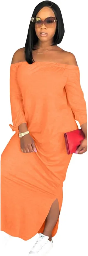 OLUOLIN Women's Casual Letter Print Off Shoulder Long Sleeve Bowknot Sides Slit Loose Long T-Shirt Maxi Dress