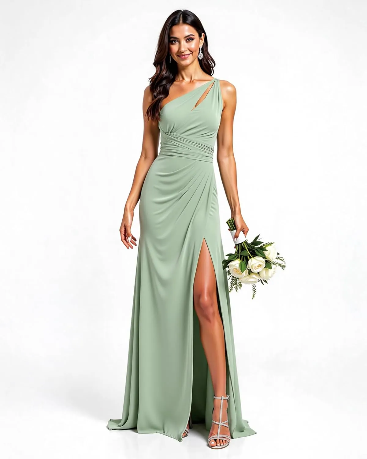 One Shoulder Bridesmaid Dresses for Women Long Pleated Chiffon Formal Party Gowns with Slit