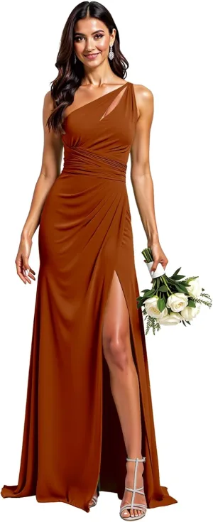 One Shoulder Bridesmaid Dresses for Women Long Pleated Chiffon Formal Party Gowns with Slit