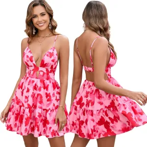 Parthea Women's Summer Boho Floral Mini Dress Spaghetti Strap V Neck Floral A Line Beach Vacation Cute Casual Dresses