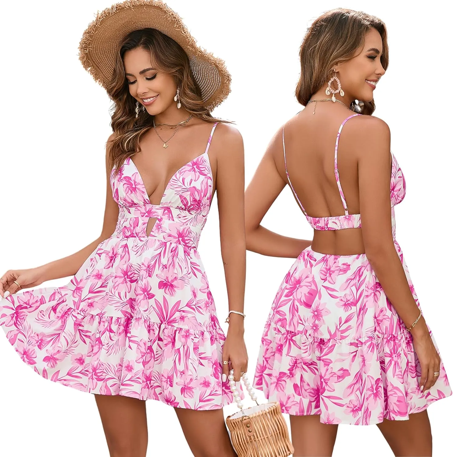 Parthea Women's Summer Boho Floral Mini Dress Spaghetti Strap V Neck Floral A Line Beach Vacation Cute Casual Dresses