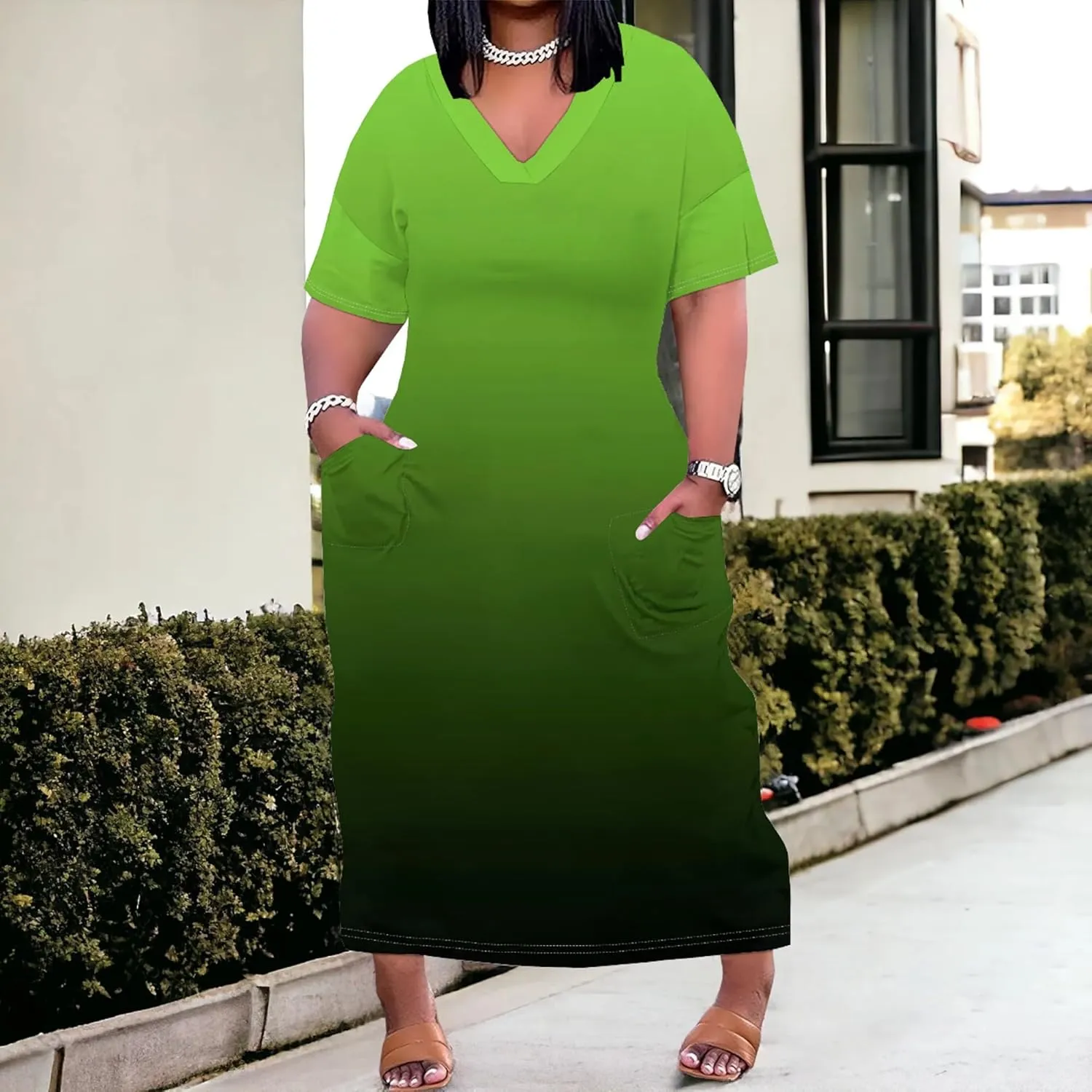 Plus Size Casual Loose Dress for Curvy Women Summer V Neck Short Sleeve T Shirt Loose Midi Dresses with Pockets