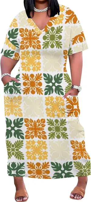 Plus Size Casual Loose Dress for Curvy Women Summer V Neck Short Sleeve T Shirt Loose Midi Dresses with Pockets