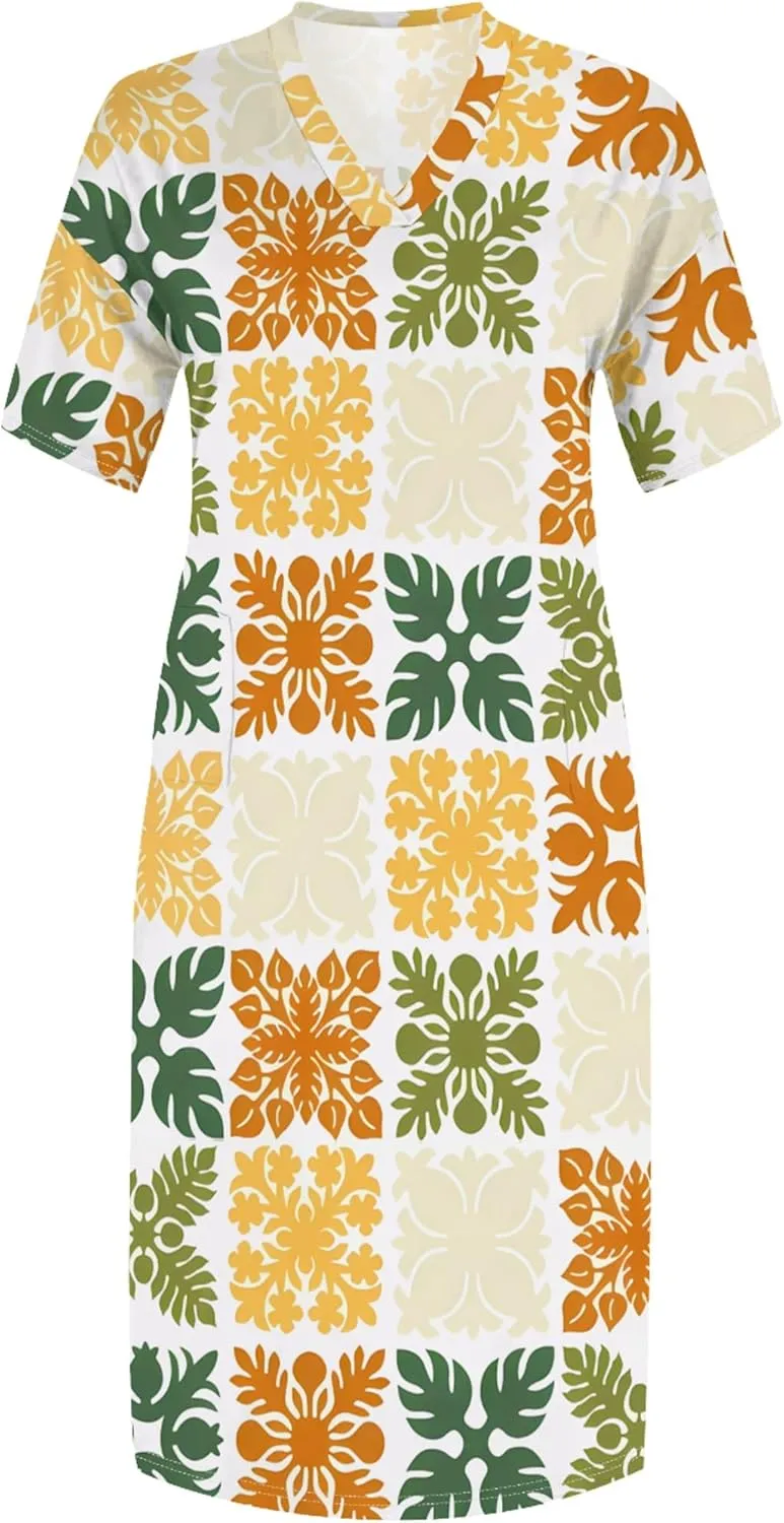Plus Size Casual Loose Dress for Curvy Women Summer V Neck Short Sleeve T Shirt Loose Midi Dresses with Pockets