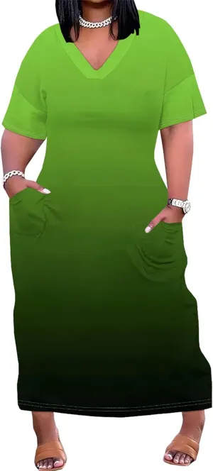 Plus Size Casual Loose Dress for Curvy Women Summer V Neck Short Sleeve T Shirt Loose Midi Dresses with Pockets