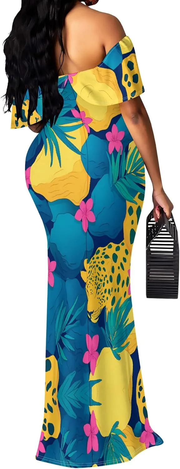 Plus Size Dresses for Curvy Women Off The Shoulder Ruffled Halter Back Long Club Party Cocktail Dress