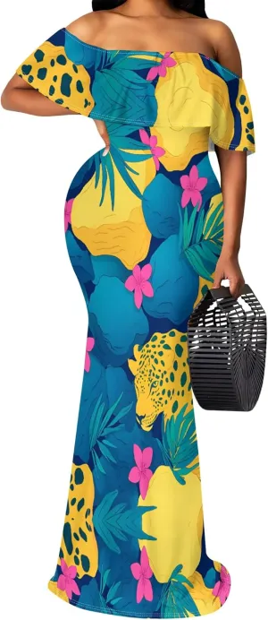 Plus Size Dresses for Curvy Women Off The Shoulder Ruffled Halter Back Long Club Party Cocktail Dress